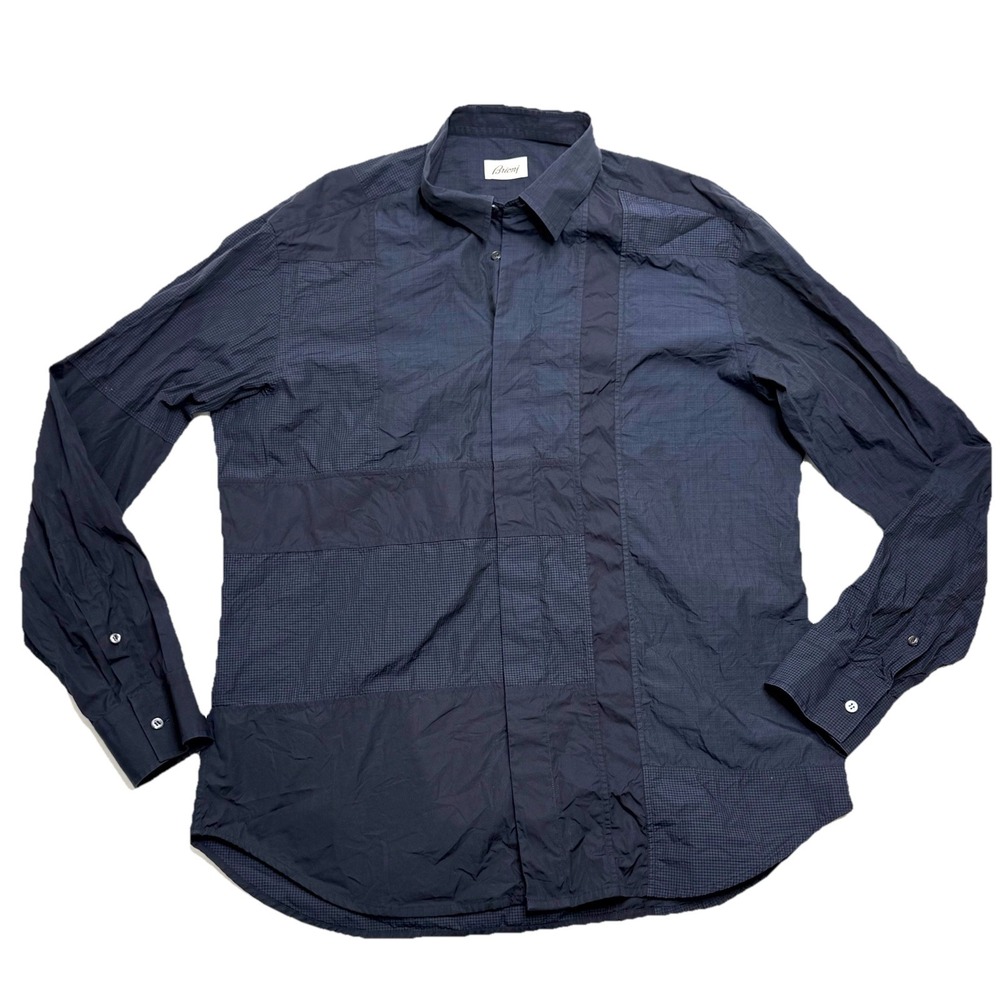 Brioni Mens Patchwork Button Dress Shirt Navy Blue XL Cotton Hand Finished Italy